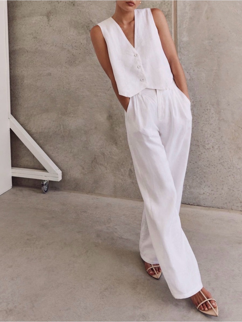 Commense Classic White Cotton Wide-Leg Pant Set for Women - Picture 2 of 4